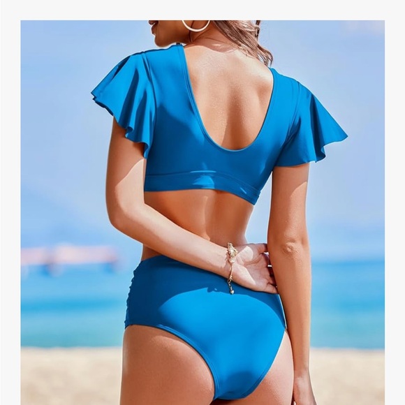 Blue Ruffled V-Neck Bikini Set - Picture 3 of 5